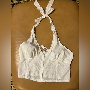 VS Pink by Frankie's Bikinis White Eyelet Button Front Halter Top Size Large